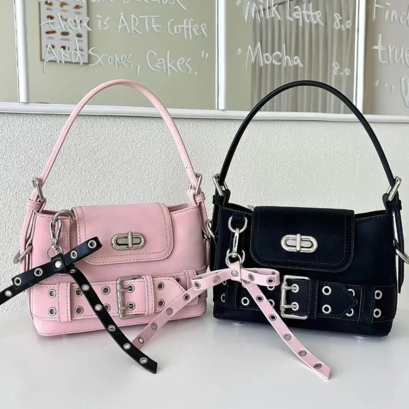Pink Y2K bow square handbag with black accent strap