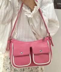 Pink Y2K leather-look shoulder bag with pockets