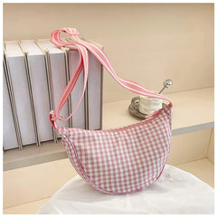 Lightweight pink plaid nylon crossbody bag