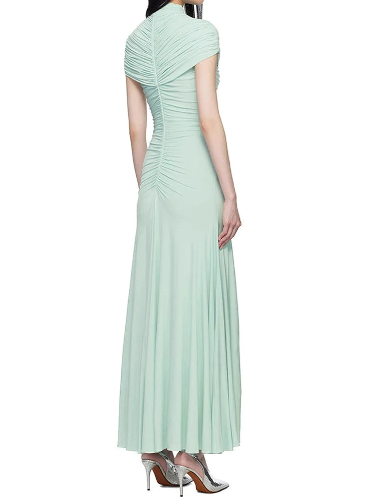 Front view of a stand-collar formal dress with fitted waist and smooth skirt