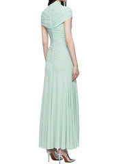 Front view of a stand-collar formal dress with fitted waist and smooth skirt