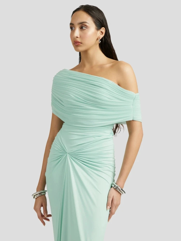 Pleated long gown with sculpted waist and refined one-shoulder cut