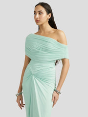 Pleated long gown with sculpted waist and refined one-shoulder cut
