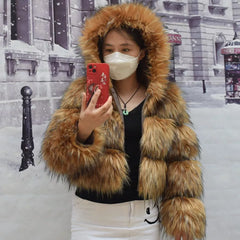 Luxury brown faux fur coat with cropped length