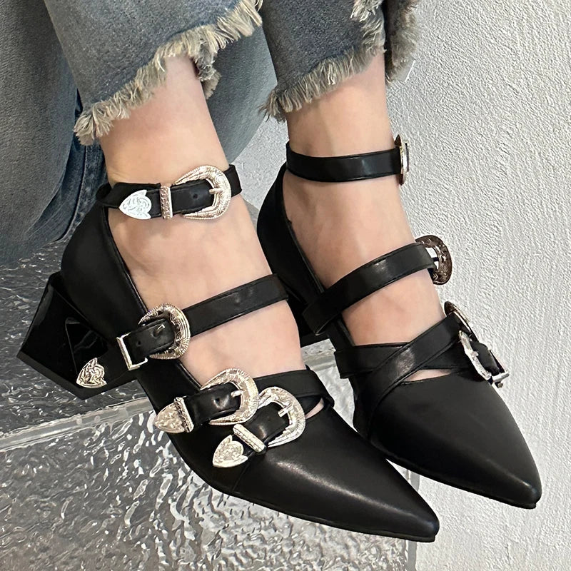 “Women’s pointed toe pumps with ankle buckle strap and square heel”

