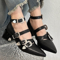 “Women’s pointed toe pumps with ankle buckle strap and square heel”

