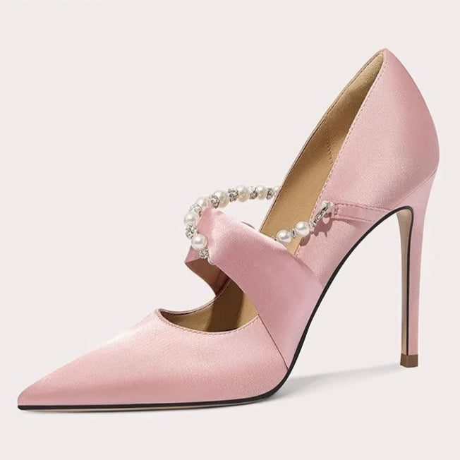 Elegant pointed toe bridal heels with pearl embellishment