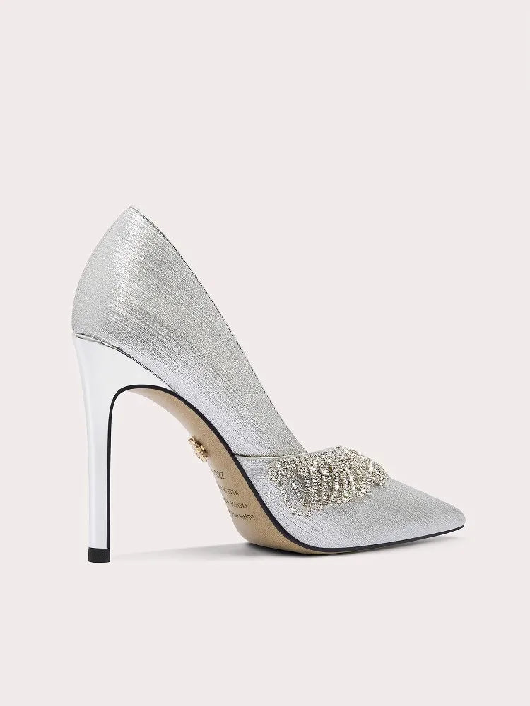 Pointed toe silver bridal stiletto heels with rhinestones
