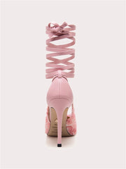 Luxury lace ribbon high heel pumps for banquets