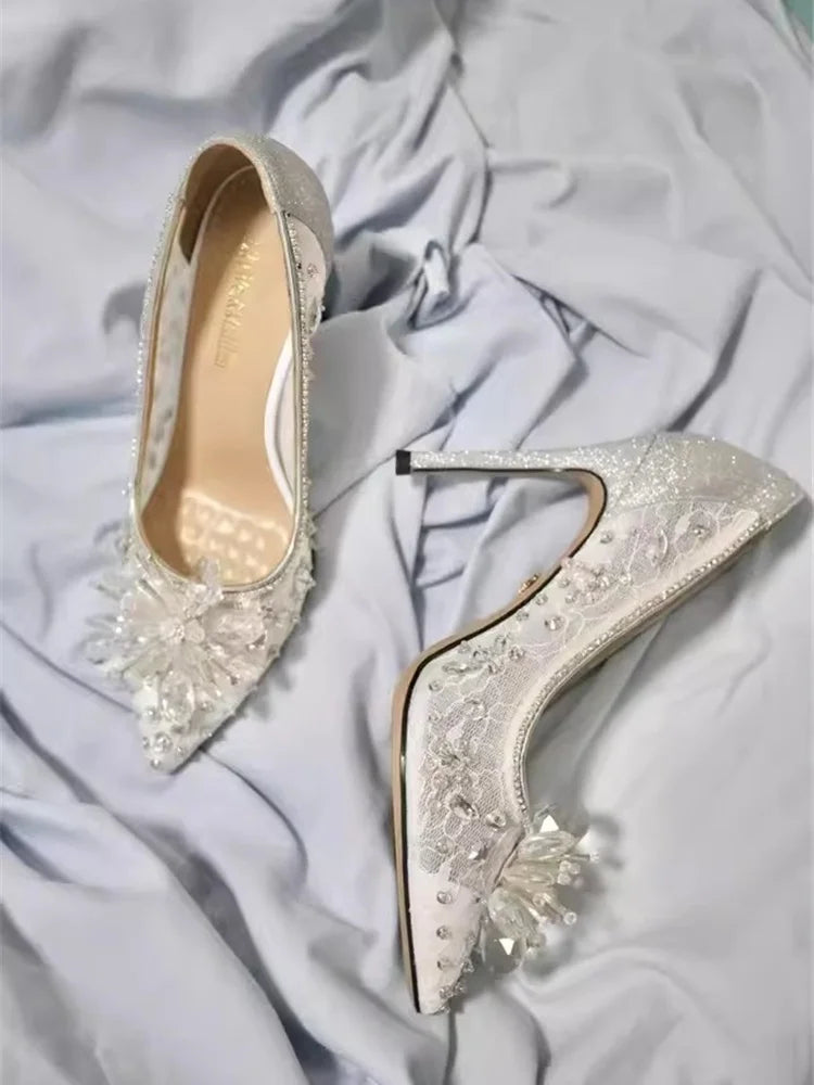 Crystal embellished mesh stiletto bridal heels