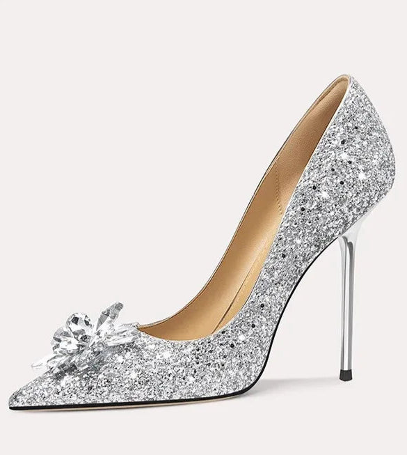 Elegant slip-on stiletto bridal shoes with crystals