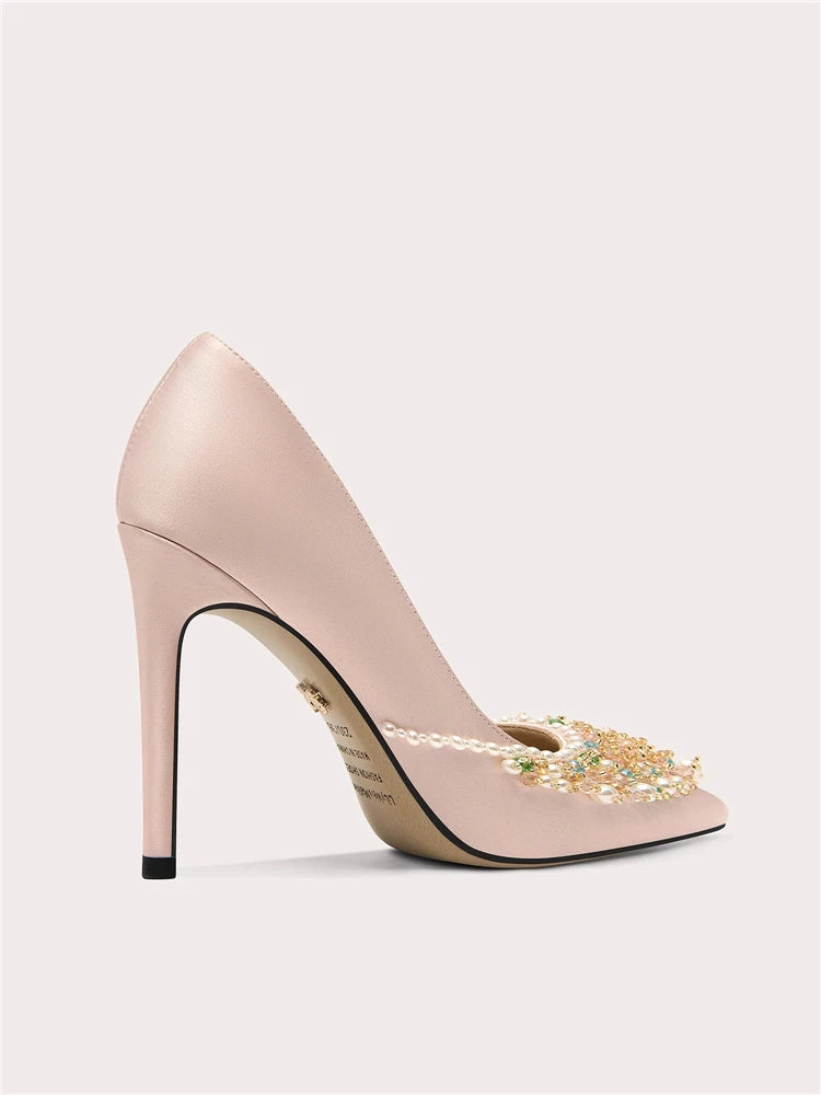 Elegant silk stiletto bridal heels with bead accents