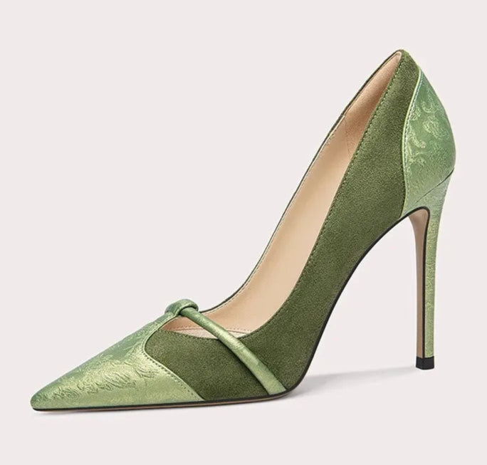 Elegant suede bridal heels with printed fabric design