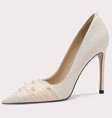 white stiletto wedding heels with delicate lace and pearls