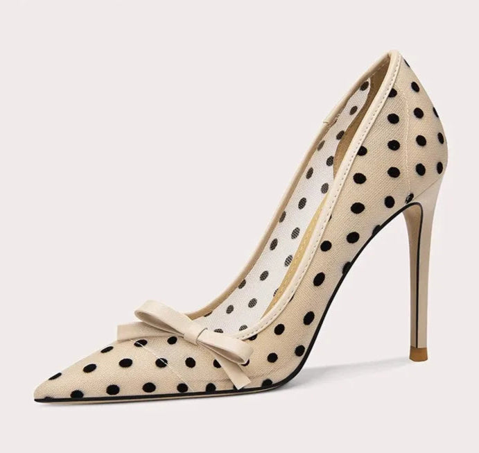 Polka dot mesh high heel sandals with bow detail