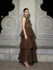 Sleeveless halter dress with layered A-line silhouette and sheer texture