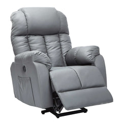 A gray electric power recliner lift sofa chair with an adjustable backrest and footrest, displayed in a raised position, indicating the lift function in a white background.
