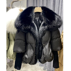 Premium duck down outerwear with full knit sleeves and fur collar