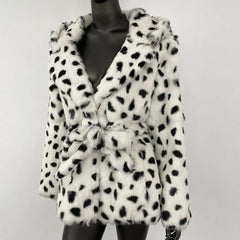 Soft fur coat with hook closure and plush trim