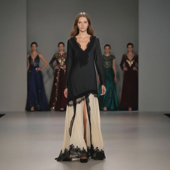 Black & Beige Patchwork Lace Dress | Elegant Ankle-Length Gown