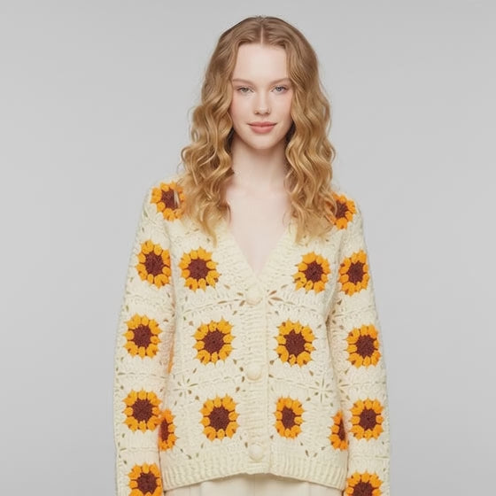 A Woman wearing a Sunflower crochet cardigan styled for cozy boho-inspired fall outfits