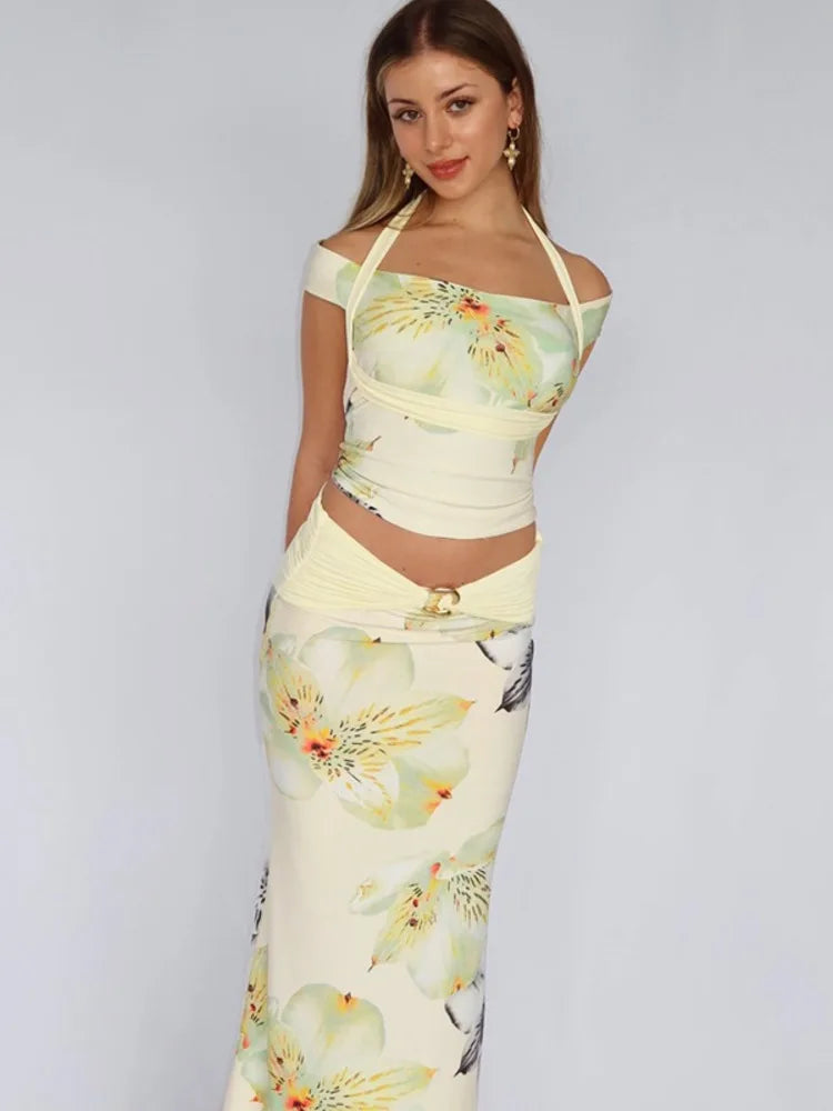 Printed skirt two piece set for parties, vacations, and autumn outings