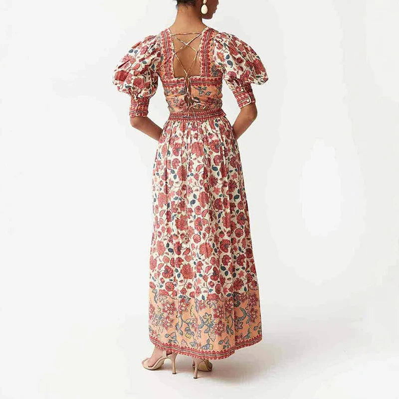 Puff sleeve cotton floral midi dress perfect for vacation outings