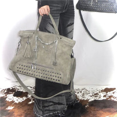 Grey punk rivet crossbody tote bag with chain accents