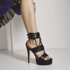 Punk style stiletto platform sandals in matte black finish