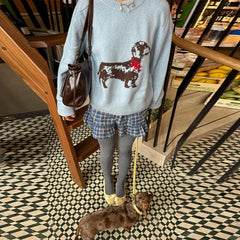 Person wearing a sweater with a dog design, holding a brown bag, and standing on a checkered floor.