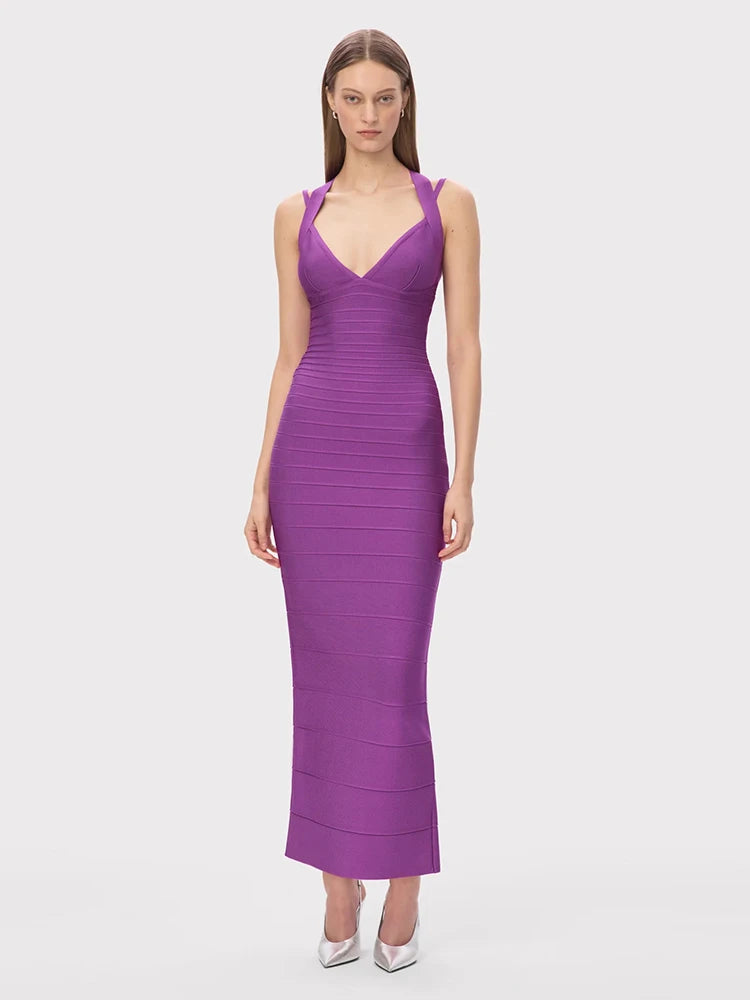 Purple bandage sheath gown styled for upscale parties and formal events