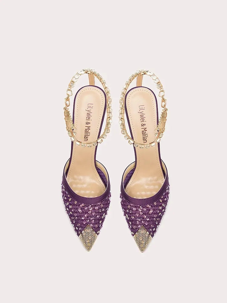 Purple crystal gold chain heels styled for party and influencer events