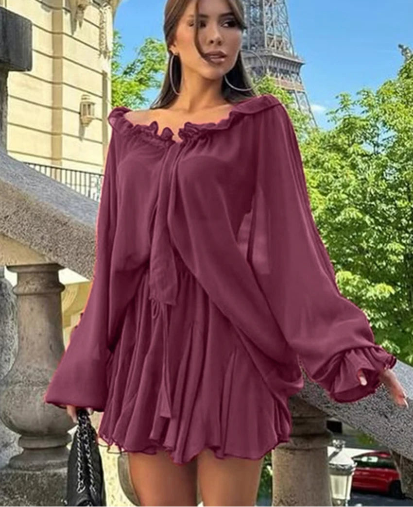 Purple mesh ruffle shirt and skirt set for women styled for Paris city moments