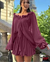 Purple mesh ruffle shirt and skirt set for women styled for Paris city moments