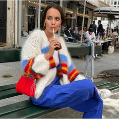 Rainbow v-neck loose fit cardigan for autumn dopamine dressing