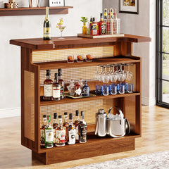 “4-tier rattan bar cabinet with wooden frame and glass racks”


