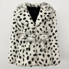Animal print short fur coat with tie-up waist