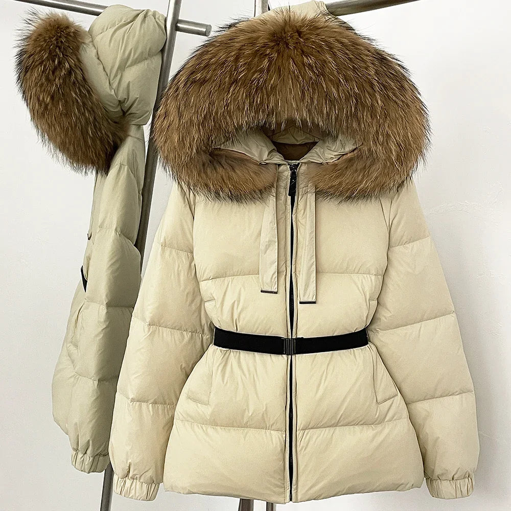 Hooded puffer coat with voluminous real fur collar