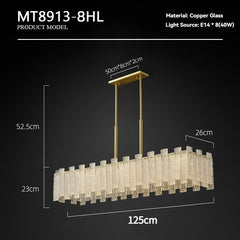 Rectangular crystal bar fixture in a contemporary dining setting