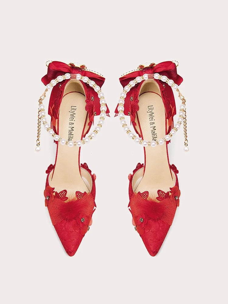 Red applique bow party sandals styled for bold celebrations and parties