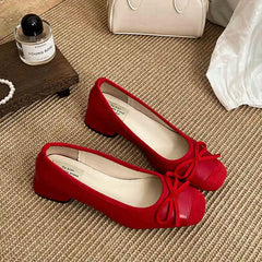 Red bow low heel Mary Jane pumps with square toe