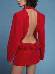 Red deep V neck blazer dress with 3D flowers styled for evening wear