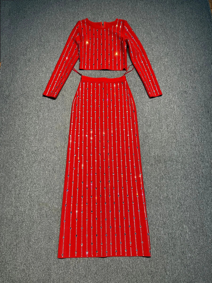 Red ankle length sequin skirt with fitted top