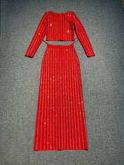 Red ankle length sequin skirt with fitted top