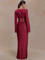Lower-half detail shows the red maxi skirt falling straight to the floor with soft drape, styled for formal evening events.