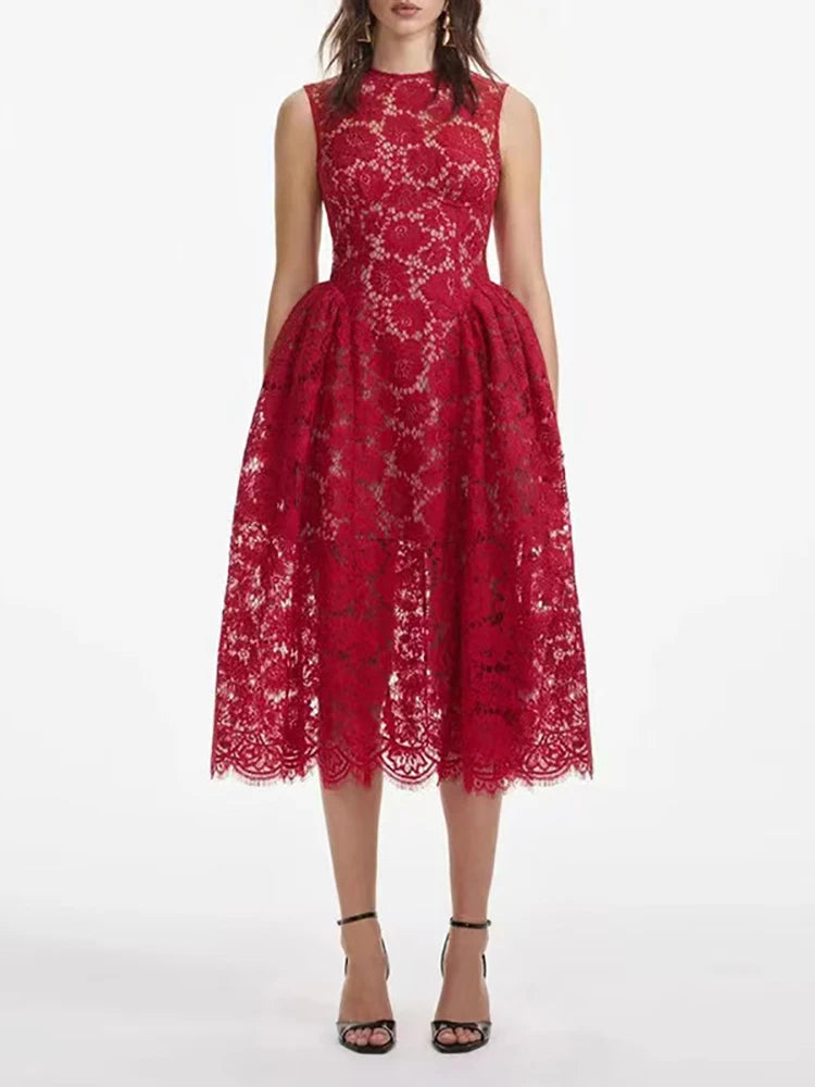 Red floral lace midi dress styled with O-neck and sleeveless tank straps