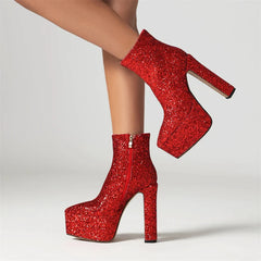 Red glitter ankle boots with high platform heel