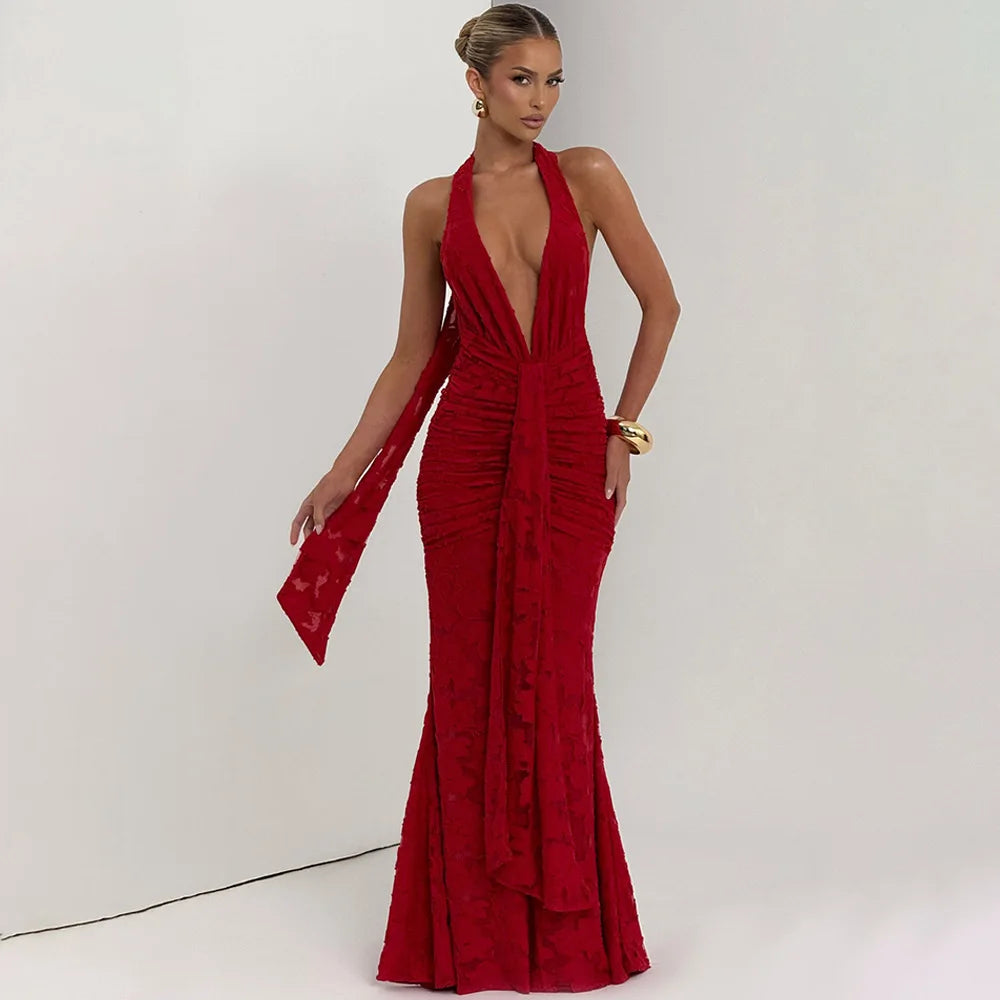 Red halter backless maxi dress styled for formal evening events