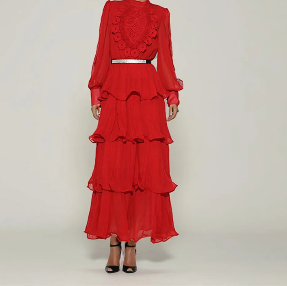 Red lace ruffle maxi dress with tiered layers styled for parties