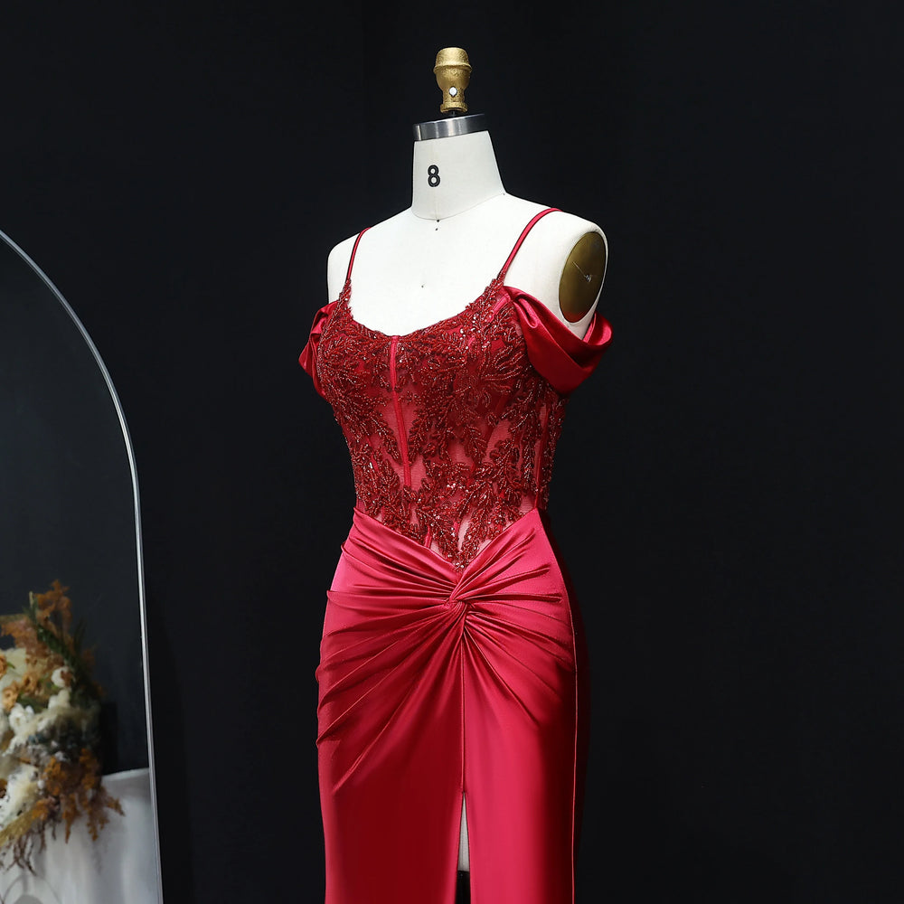 Satin mermaid evening gown with front slit and sweep train